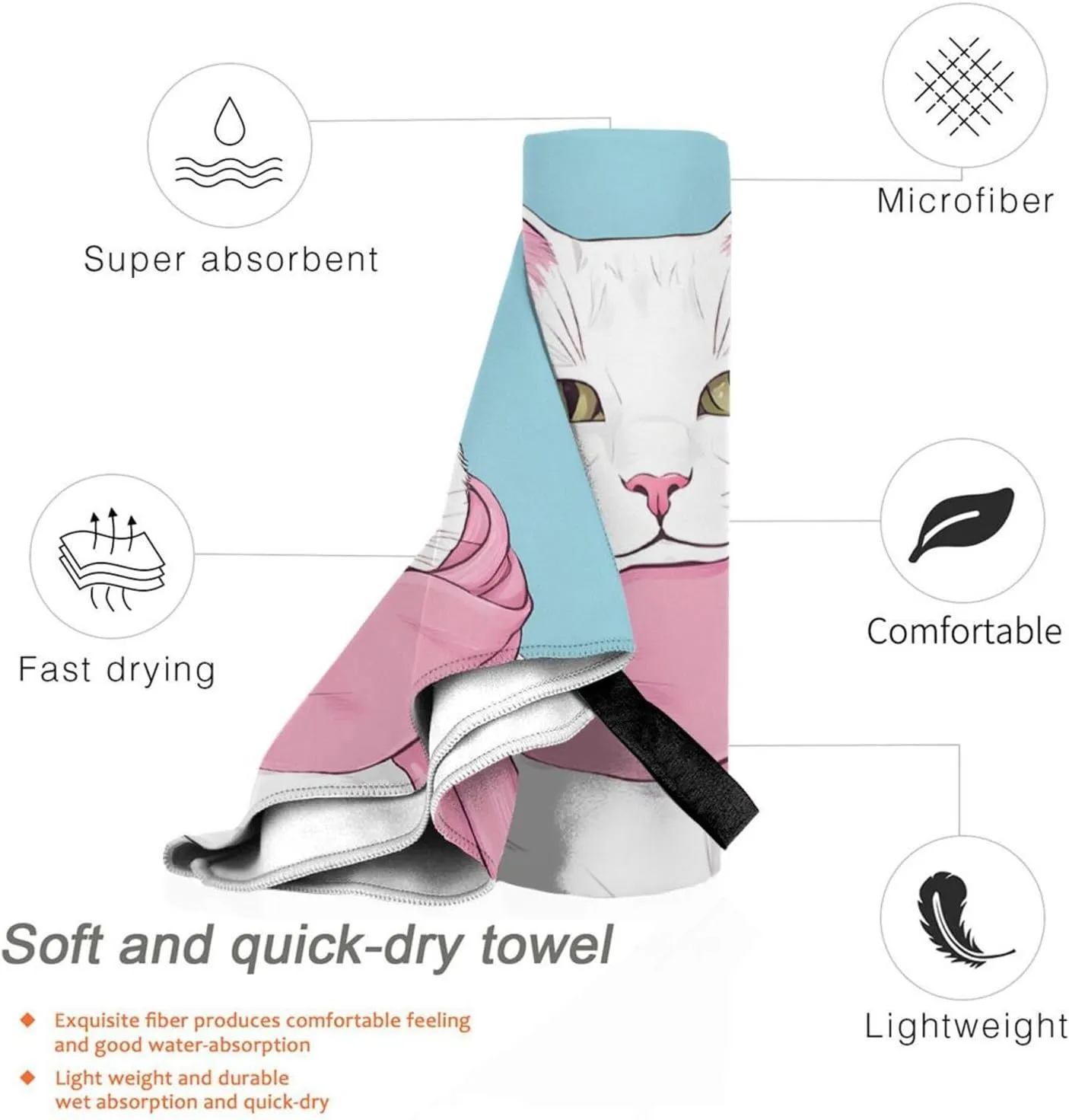Cartoon Cat Premium Compact Microfiber Travel Towel-Featherlight & Quick Dry,Sand-Resistant Beach Towel for Swimming,Camping,Vacation Essentials with Carry Pouch