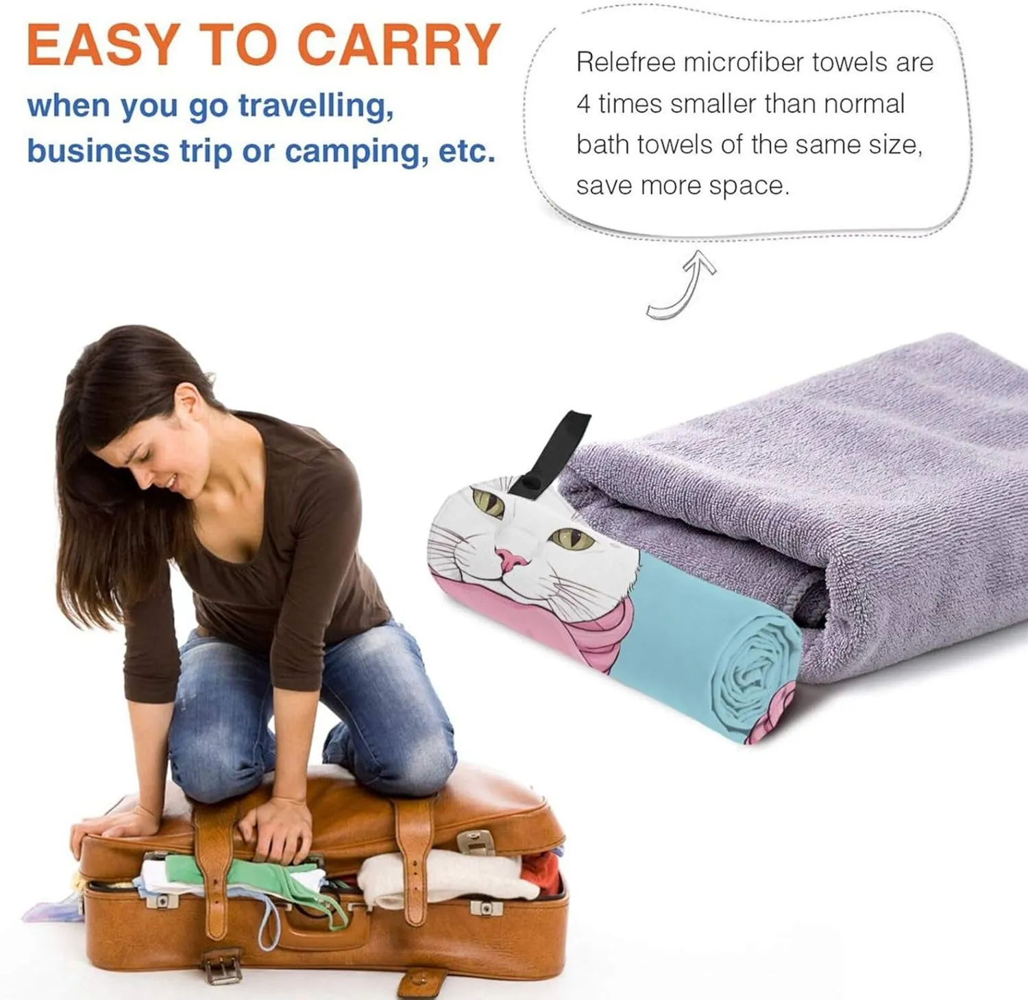 Cartoon Cat Premium Compact Microfiber Travel Towel-Featherlight & Quick Dry,Sand-Resistant Beach Towel for Swimming,Camping,Vacation Essentials with Carry Pouch