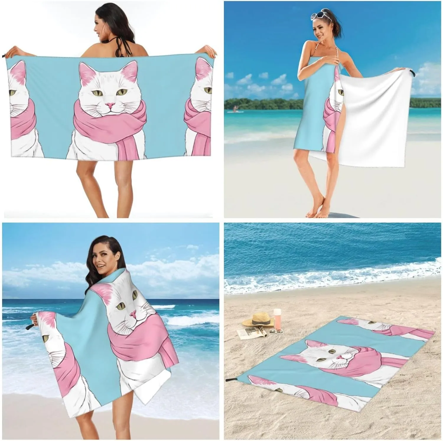 Cartoon Cat Premium Compact Microfiber Travel Towel-Featherlight & Quick Dry,Sand-Resistant Beach Towel for Swimming,Camping,Vacation Essentials with Carry Pouch
