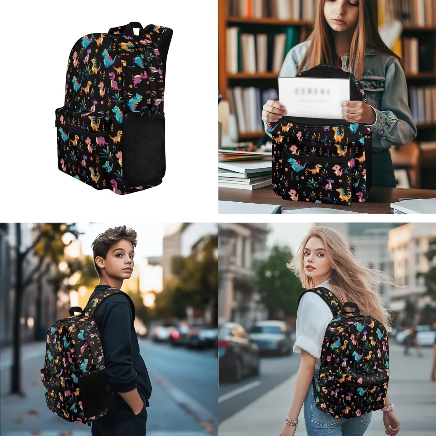 Cartoon Dinosaur Backpack with Lunch Box for High School Boys Schoolbag Middle School Bag for Teens 14-16 Kids Large Bookbag Elementary School Back Pack Sets
