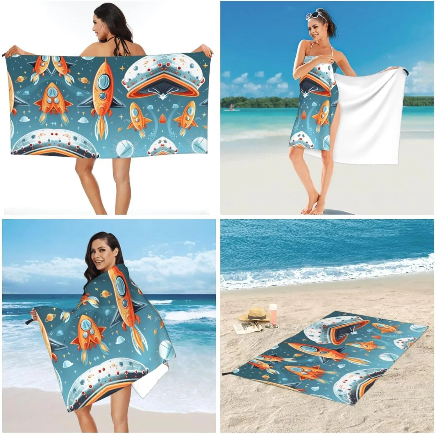 Cartoon Rockets Premium Compact Microfiber Travel Towel-Featherlight & Quick Dry,Sand-Resistant Beach Towel for Swimming,Camping,Vacation Essentials with Carry Pouch
