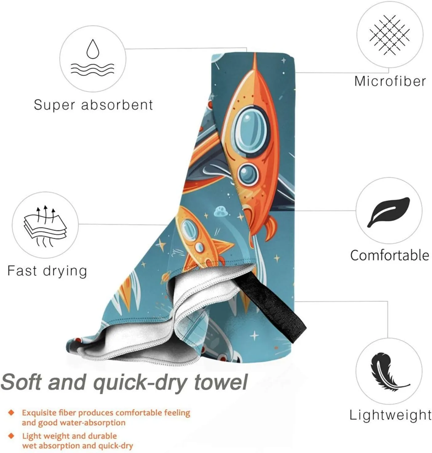 Cartoon Rockets Premium Compact Microfiber Travel Towel-Featherlight & Quick Dry,Sand-Resistant Beach Towel for Swimming,Camping,Vacation Essentials with Carry Pouch