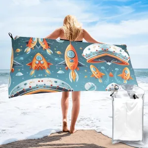 Cartoon Rockets Premium Compact Microfiber Travel Towel-Featherlight & Quick Dry,Sand-Resistant Beach Towel for Swimming,Camping,Vacation Essentials with Carry Pouch