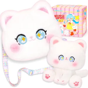 Cat Plush Toys and Purse Set for Kids,Cat Stuffed Toy Kids with Cute Zipper Crossbody Bag, Soft Stuffed Cat Toys Set Birthday Party Favors for Toddlers Kids