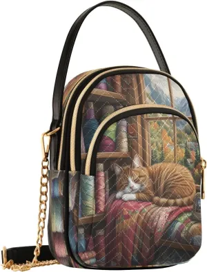 Cat Thread Spool Brown Crossbody Bags for Women Hand Bag Small Sling Shoulder Travel Bags Wallet Phone Mini Purse