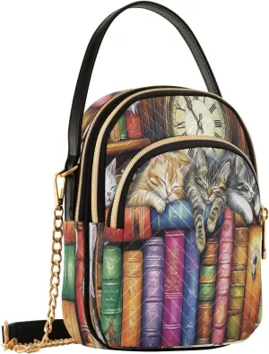 Cats Cute Bookshelf Crossbody Bags for Women Fanny Pack Travel Hiking Chest Bag Mini Phone Walley Purse