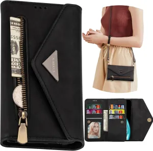 CCSamll Wallet Case for Samsung Galaxy A14 for Women, Shoulder Crossbody Purse Handbag Neck Strap Lanyard Cover with ID Card Holder Phone Case for Samsung Galaxy A14 XK Black