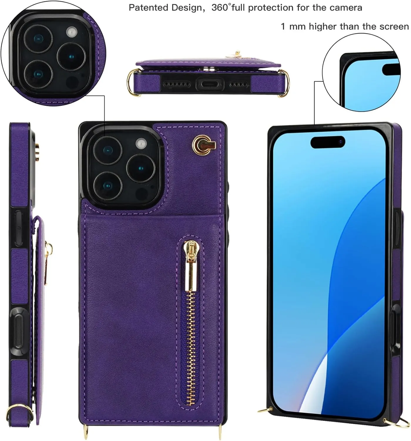 CCSmall for Apple iPhone 16 Pro Case Wallet Crossbody with Card Holder for Women, RFID Blocking PU Leather Zipper Handbag Purse Flip Cover Shoulder Strap Lanyard Phone Case for 16 Pro ZP Purple