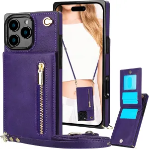 CCSmall for Apple iPhone 16 Pro Case Wallet Crossbody with Card Holder for Women, RFID Blocking PU Leather Zipper Handbag Purse Flip Cover Shoulder Strap Lanyard Phone Case for 16 Pro ZP Purple