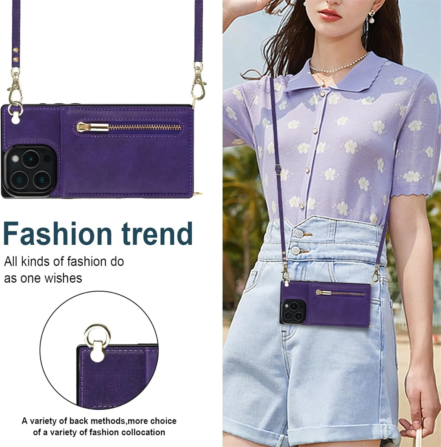 CCSmall for Apple iPhone 16 Pro Case Wallet Crossbody with Card Holder for Women, RFID Blocking PU Leather Zipper Handbag Purse Flip Cover Shoulder Strap Lanyard Phone Case for 16 Pro ZP Purple