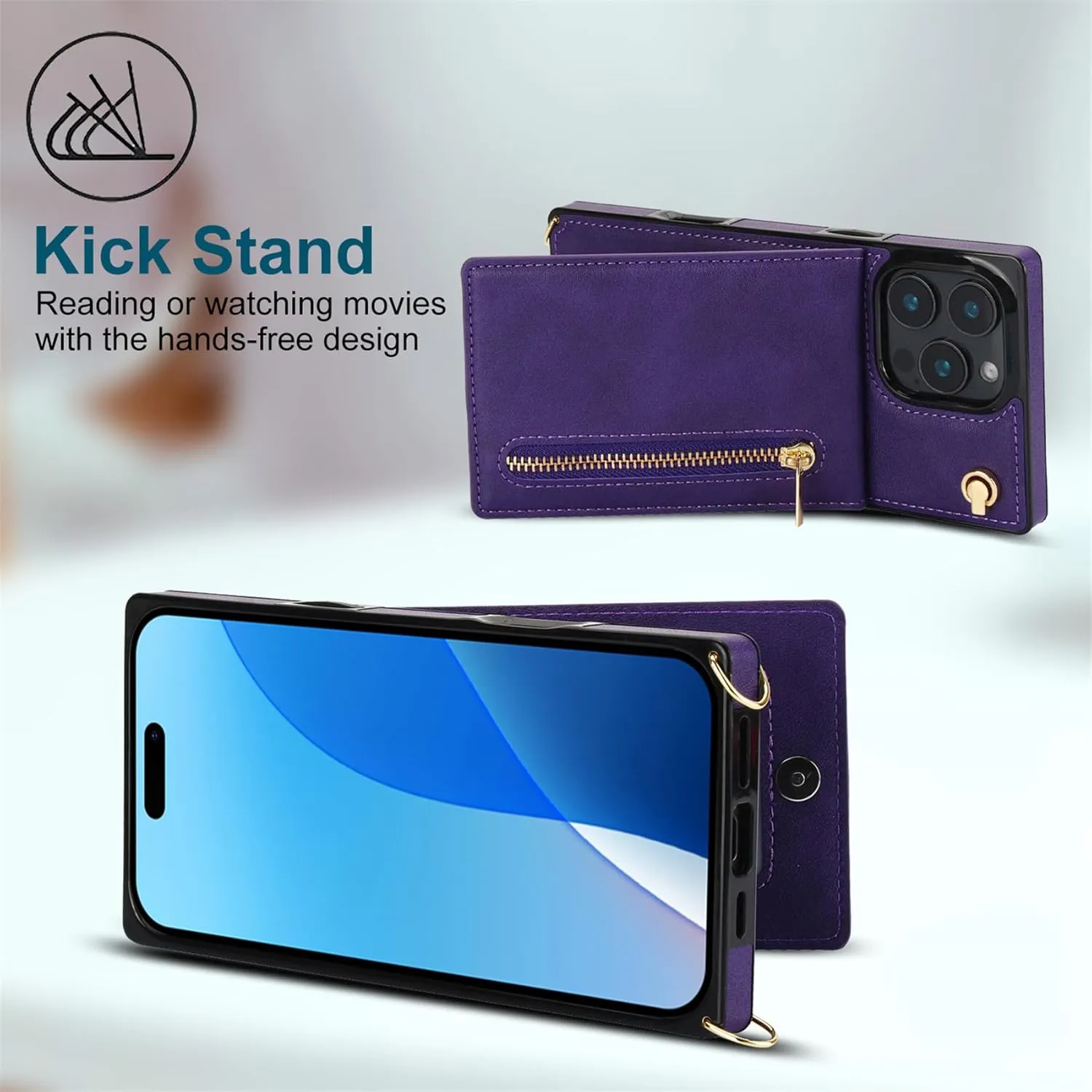 CCSmall for Apple iPhone 16 Pro Case Wallet Crossbody with Card Holder for Women, RFID Blocking PU Leather Zipper Handbag Purse Flip Cover Shoulder Strap Lanyard Phone Case for 16 Pro ZP Purple