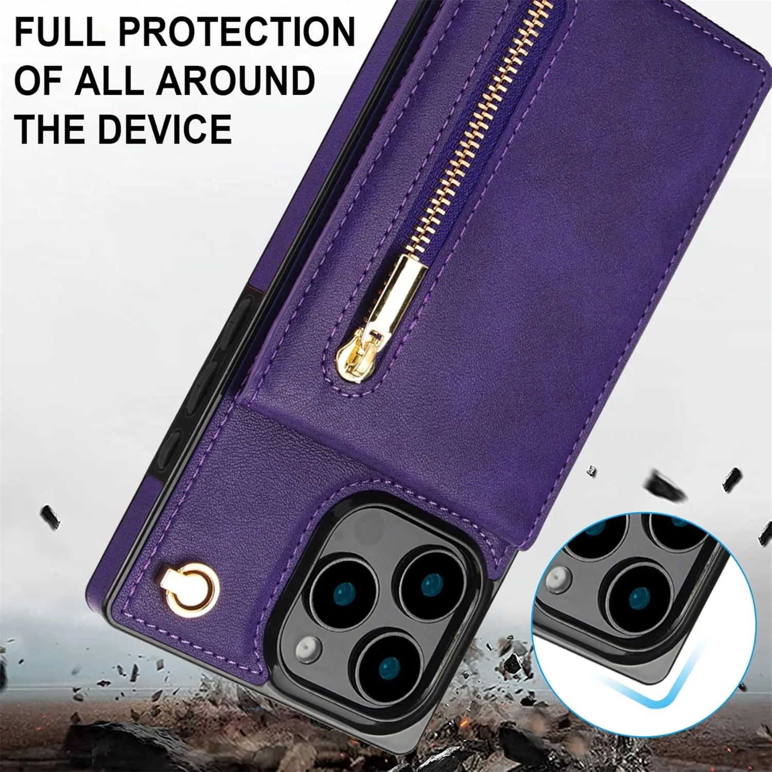 CCSmall for Apple iPhone 16 Pro Case Wallet Crossbody with Card Holder for Women, RFID Blocking PU Leather Zipper Handbag Purse Flip Cover Shoulder Strap Lanyard Phone Case for 16 Pro ZP Purple