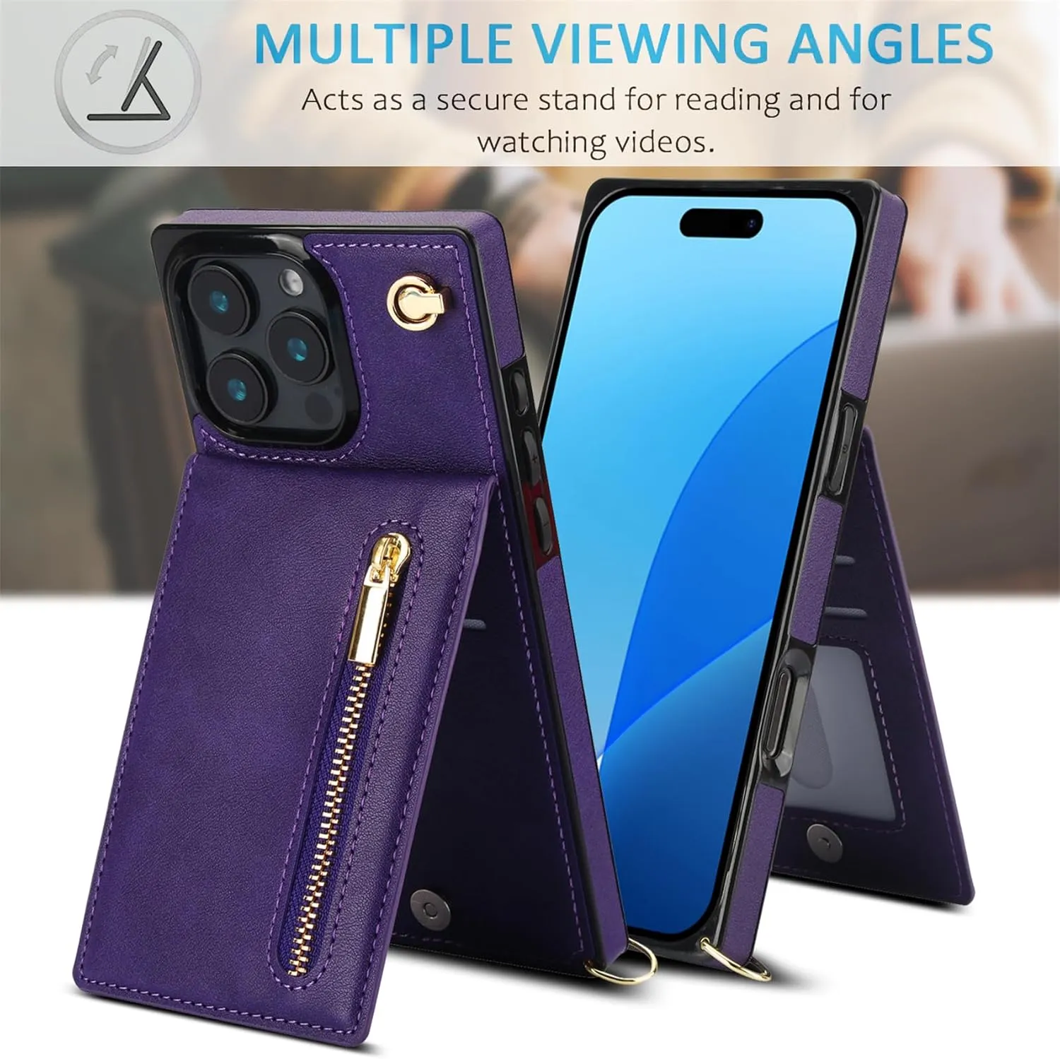 CCSmall for Apple iPhone 16 Pro Case Wallet Crossbody with Card Holder for Women, RFID Blocking PU Leather Zipper Handbag Purse Flip Cover Shoulder Strap Lanyard Phone Case for 16 Pro ZP Purple