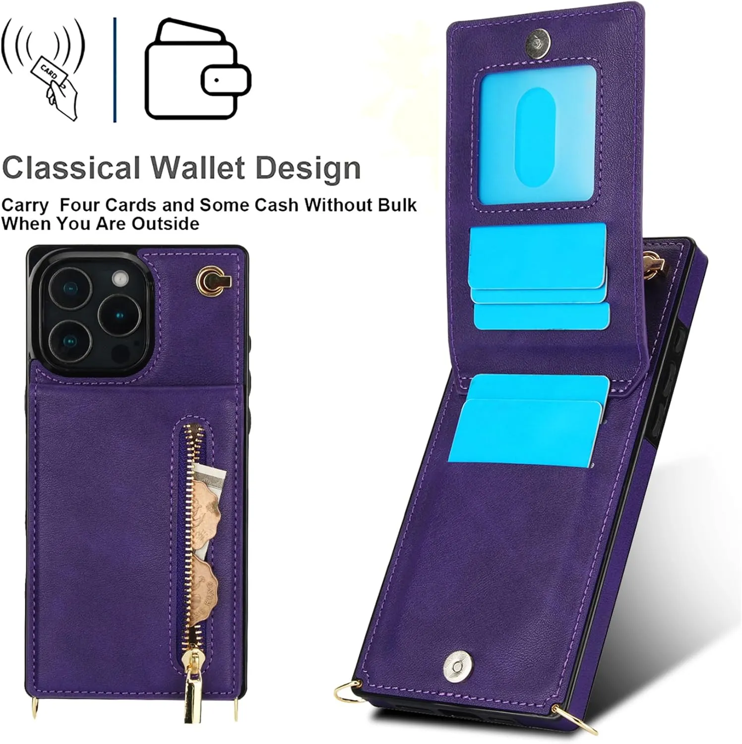 CCSmall for Apple iPhone 16 Pro Case Wallet Crossbody with Card Holder for Women, RFID Blocking PU Leather Zipper Handbag Purse Flip Cover Shoulder Strap Lanyard Phone Case for 16 Pro ZP Purple