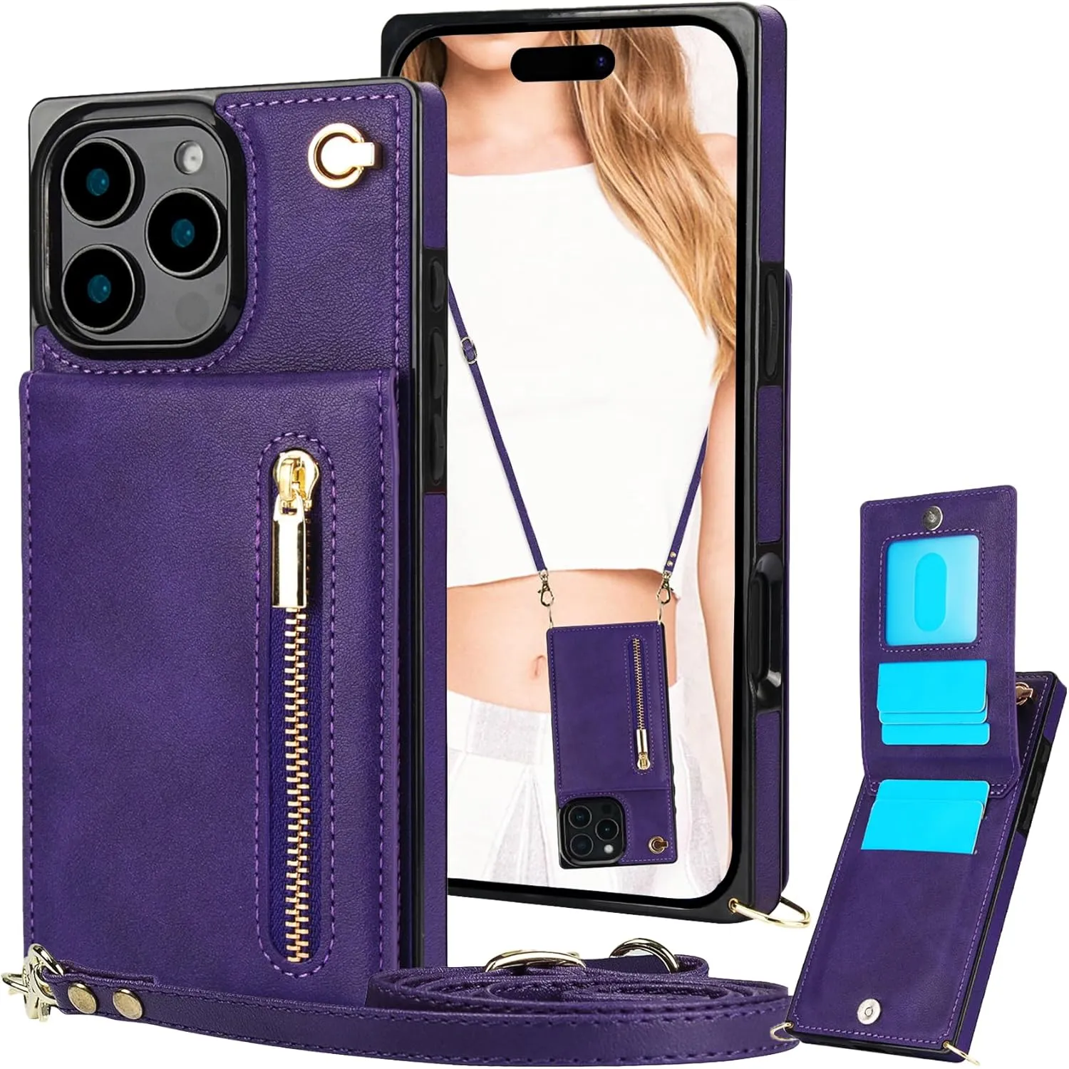 CCSmall for Apple iPhone 16 Pro Case Wallet Crossbody with Card Holder for Women, RFID Blocking PU Leather Zipper Handbag Purse Flip Cover Shoulder Strap Lanyard Phone Case for 16 Pro ZP Purple