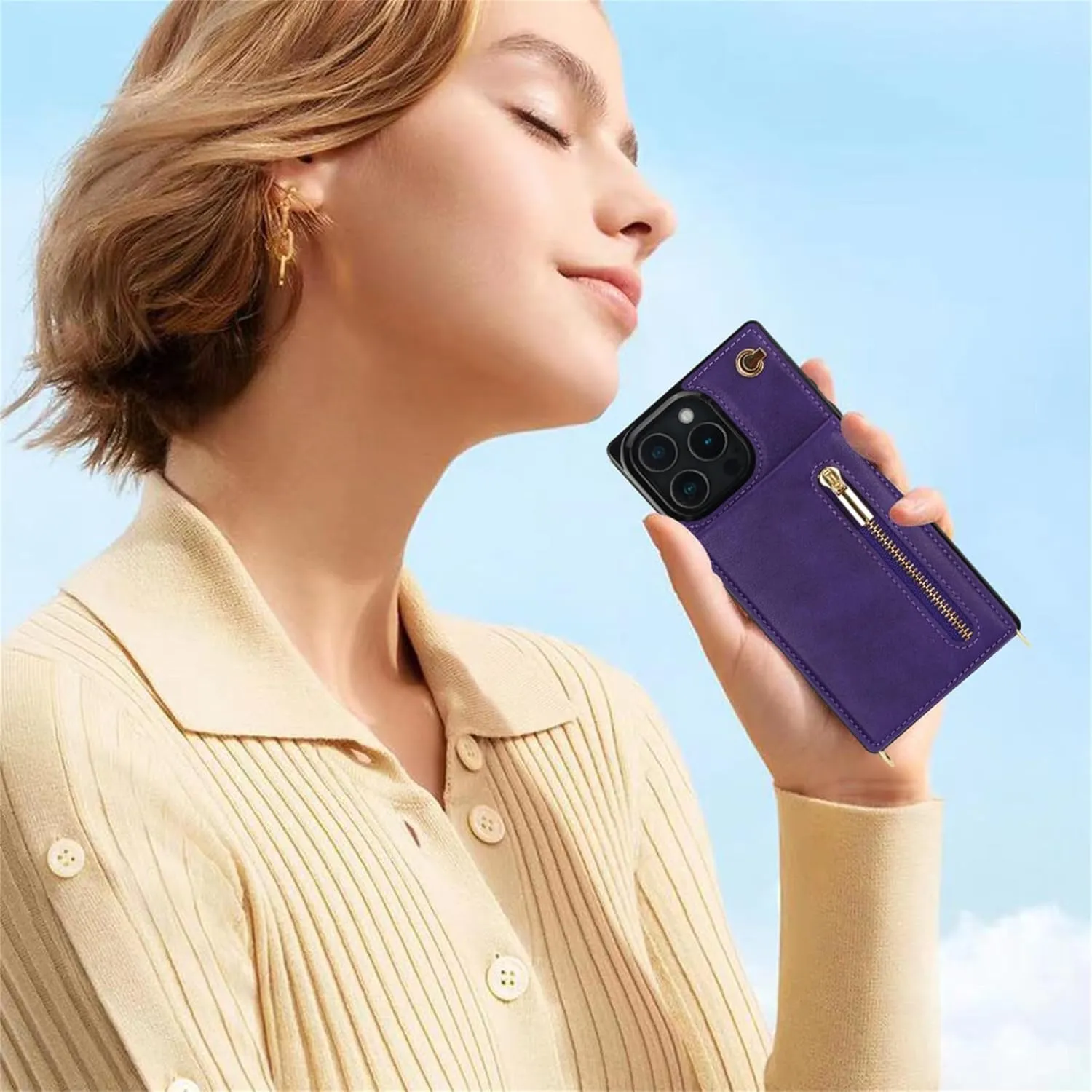 CCSmall for Apple iPhone 16 Pro Case Wallet Crossbody with Card Holder for Women, RFID Blocking PU Leather Zipper Handbag Purse Flip Cover Shoulder Strap Lanyard Phone Case for 16 Pro ZP Purple