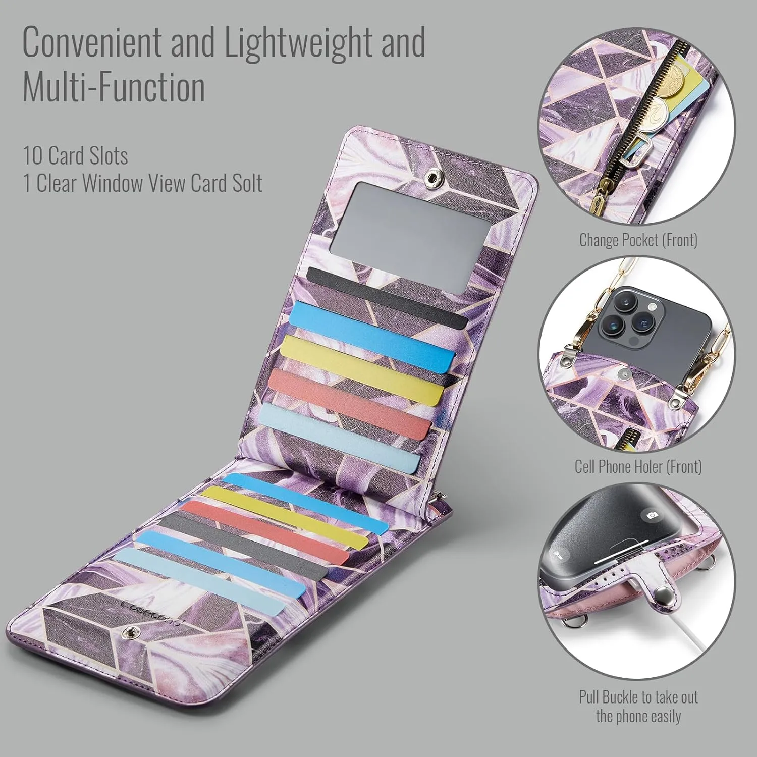 Cell Phone Purse Small Crossbody Bag for Women Leather Mini Shoulder Bag Wallet Case with Card Slot Neck Chain with Touch Screen Zipper Pocket for All Smartphone iPhone Samsung up to 7.5" Puple Marble