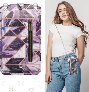 Cell Phone Purse Small Crossbody Bag for Women Leather Mini Shoulder Bag Wallet Case with Card Slot Neck Chain with Touch Screen Zipper Pocket for All Smartphone iPhone Samsung up to 7.5" Puple Marble