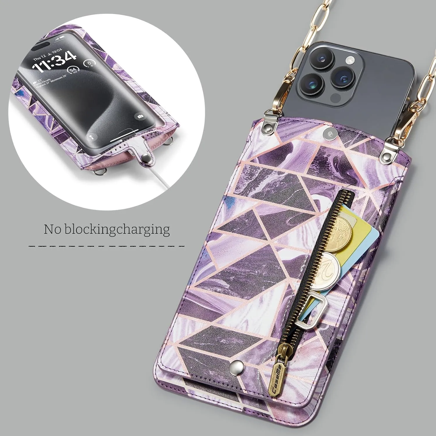Cell Phone Purse Small Crossbody Bag for Women Leather Mini Shoulder Bag Wallet Case with Card Slot Neck Chain with Touch Screen Zipper Pocket for All Smartphone iPhone Samsung up to 7.5" Puple Marble