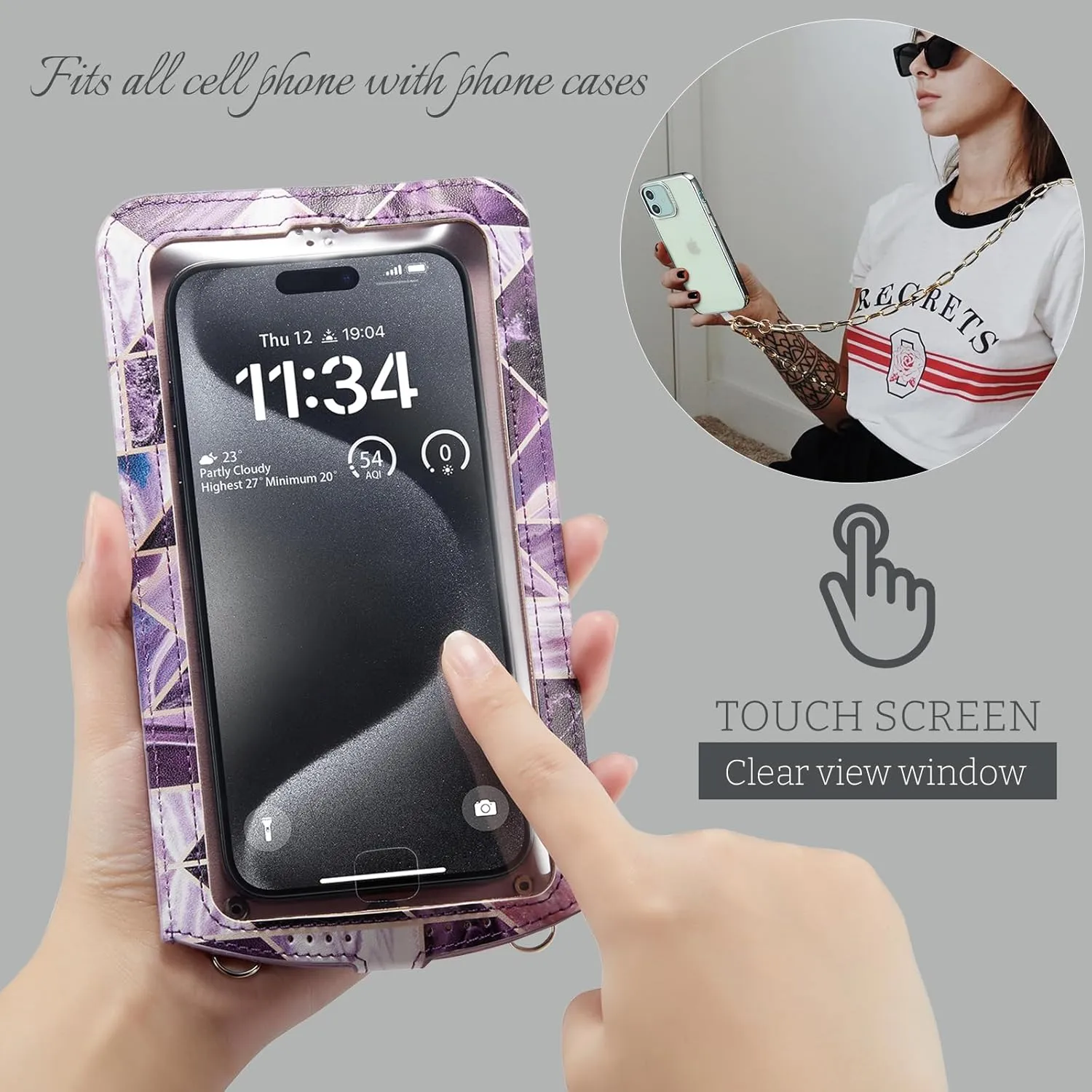 Cell Phone Purse Small Crossbody Bag for Women Leather Mini Shoulder Bag Wallet Case with Card Slot Neck Chain with Touch Screen Zipper Pocket for All Smartphone iPhone Samsung up to 7.5" Puple Marble