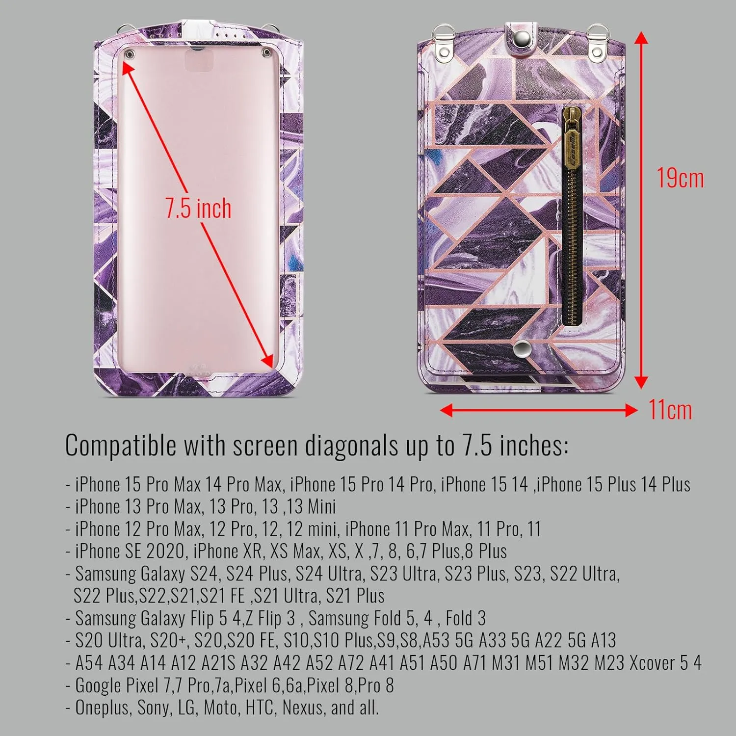 Cell Phone Purse Small Crossbody Bag for Women Leather Mini Shoulder Bag Wallet Case with Card Slot Neck Chain with Touch Screen Zipper Pocket for All Smartphone iPhone Samsung up to 7.5" Puple Marble