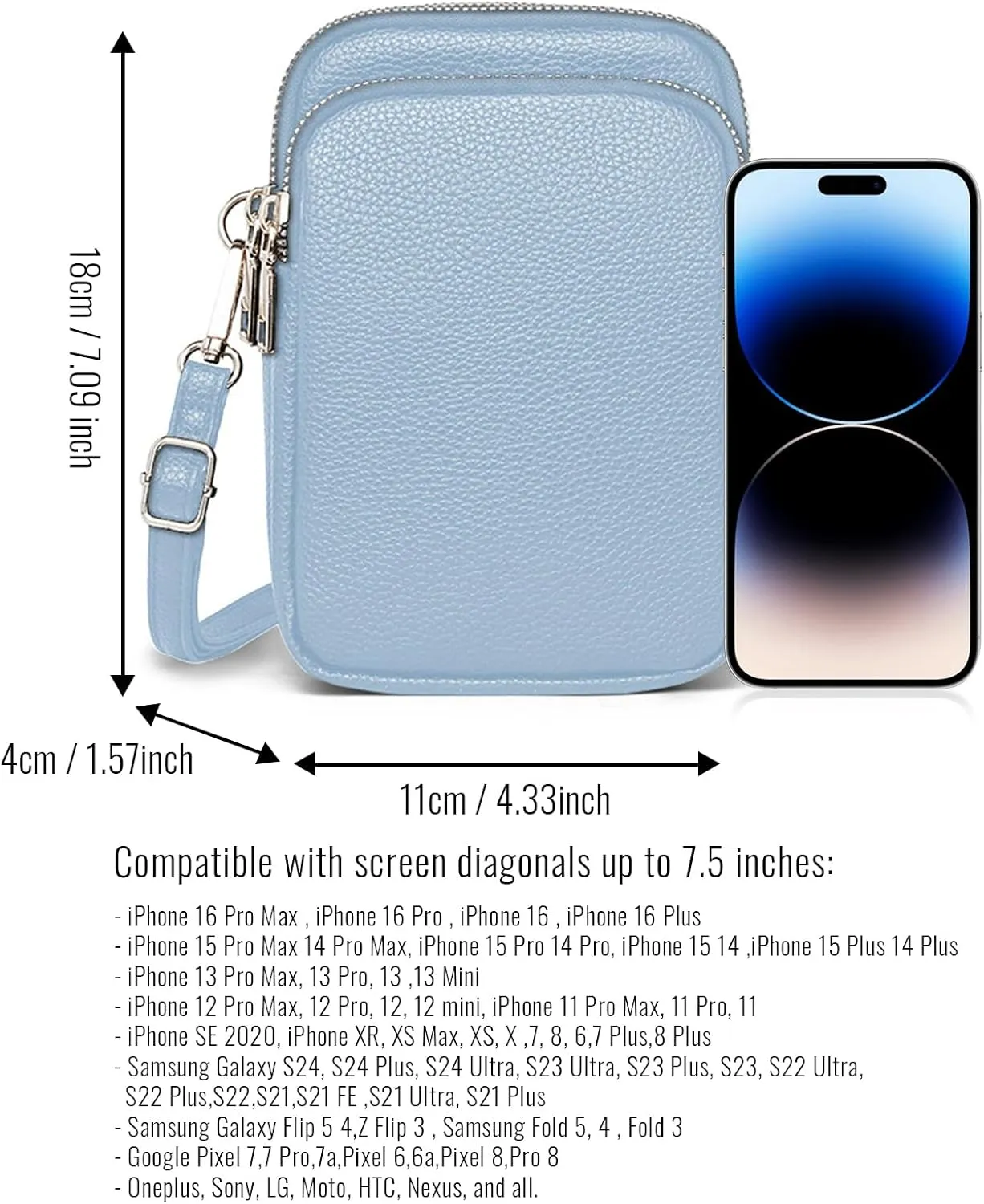 Cell Phone Purse Small Crossbody Bag for Women Men Leather Mini Shoulder Bag Wallet with Card Holder Slot Pouch Neck Strap for All Smartphones iPhone 16 Pro Max 15 Plus 14 13 12 11 X up to 7.5" Blue