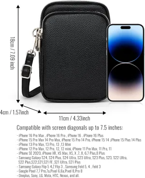Cell Phone Purse Small Crossbody Bag for Women Men Leather Mini Shoulder Bag Wallet with Card Holder Slot Pouch Neck Strap for All Smartphones iPhone 16 Pro Max 15 Plus 14 13 12 11 X up to 7.5" Silver