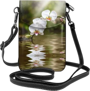 Cell Phone Purse White Orchid In The Pond Printed Leather Small Crossbody Bags Lightweight Mini Shoulder Bag