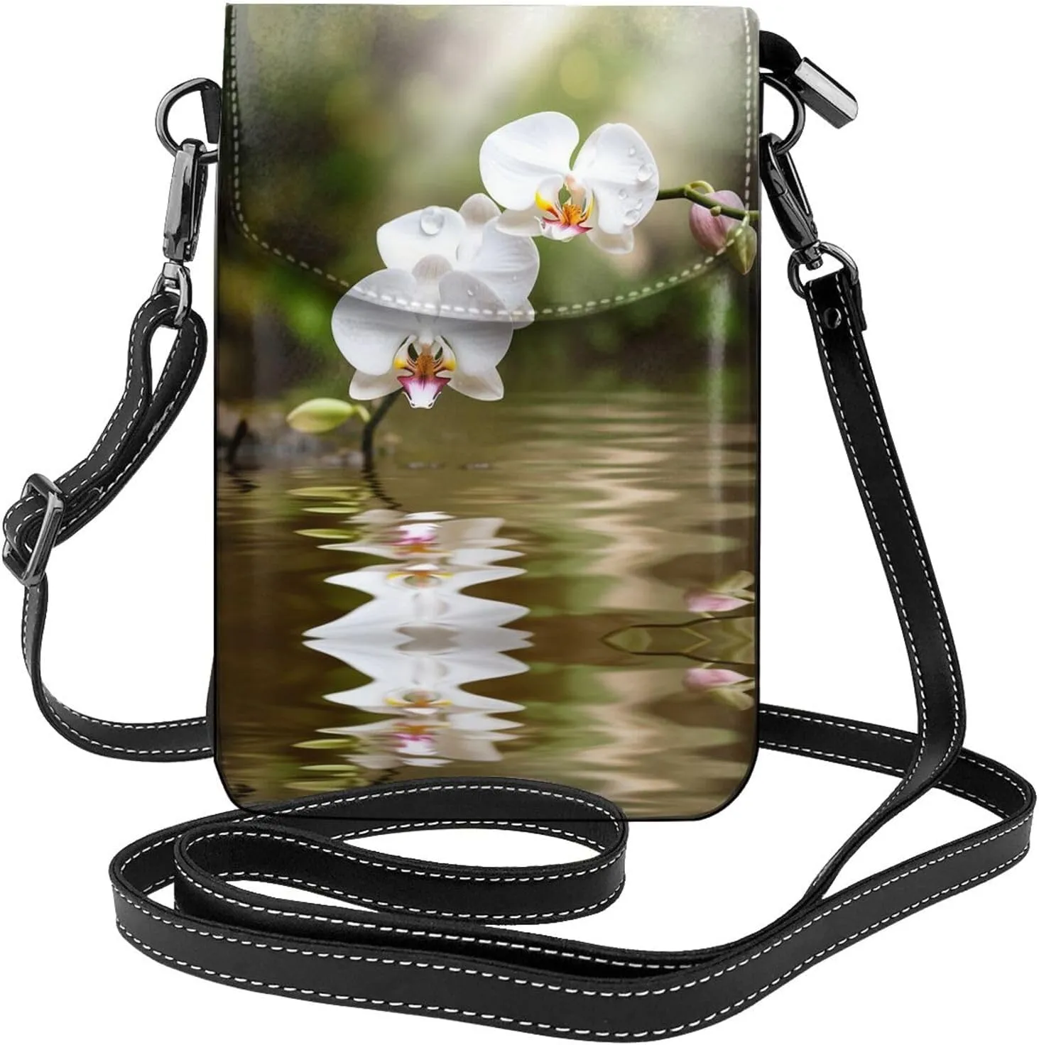 Cell Phone Purse White Orchid In The Pond Printed Leather Small Crossbody Bags Lightweight Mini Shoulder Bag