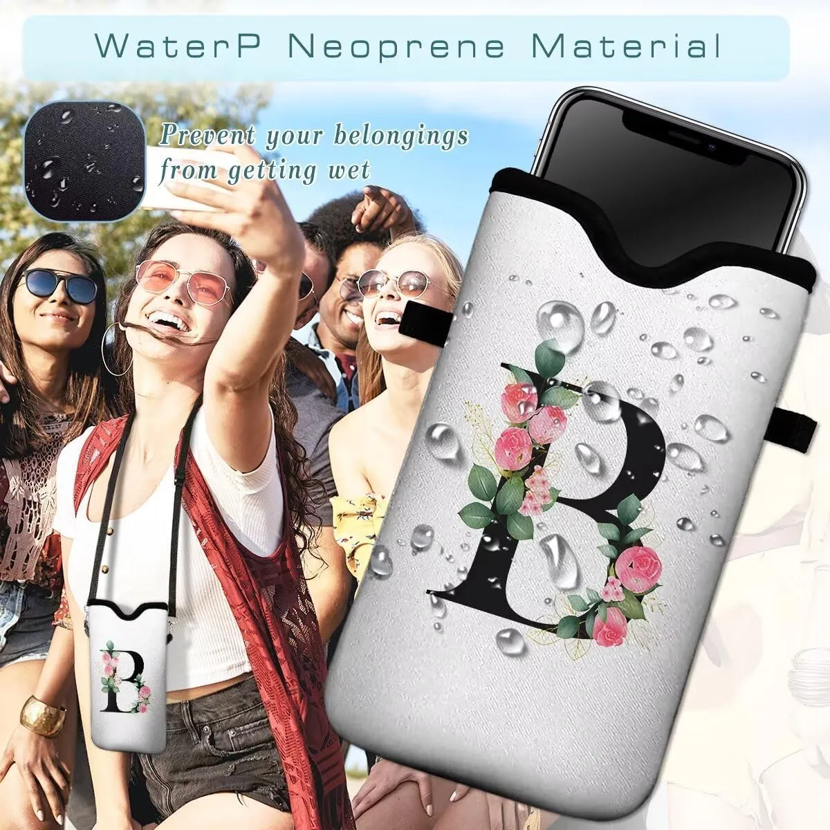 Cell Phone Sleeves Bag Case Crossbody Neoprene Holder Lanyard Phone Pouch for Women Men 7.5 X 4.5 Inches - Letter_B