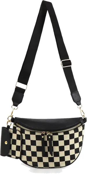Checkered Crossbody Bag,Checkered Purse for Women Black and White Bum Bag Fanny Packs Belt Bag Sling Bag with Shoulder Strap (1-coffee-b)