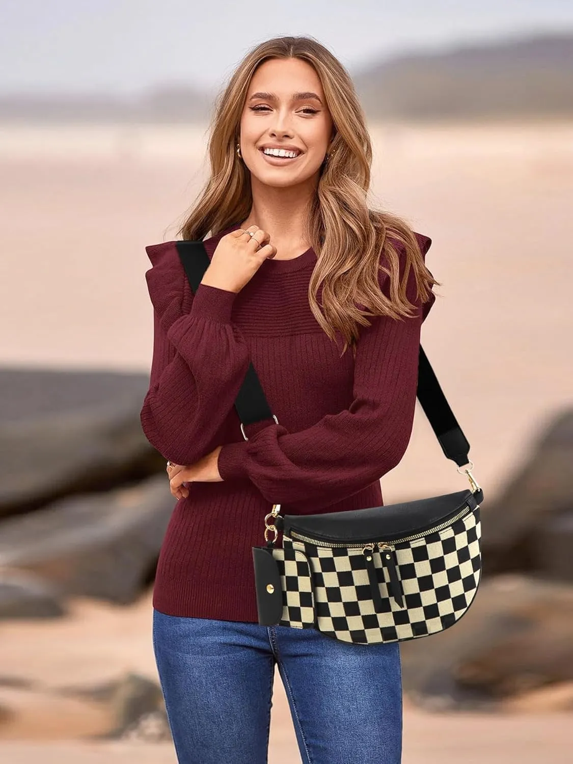 Checkered Crossbody Bag,Checkered Purse for Women Black and White Bum Bag Fanny Packs Belt Bag Sling Bag with Shoulder Strap (1-coffee-b)