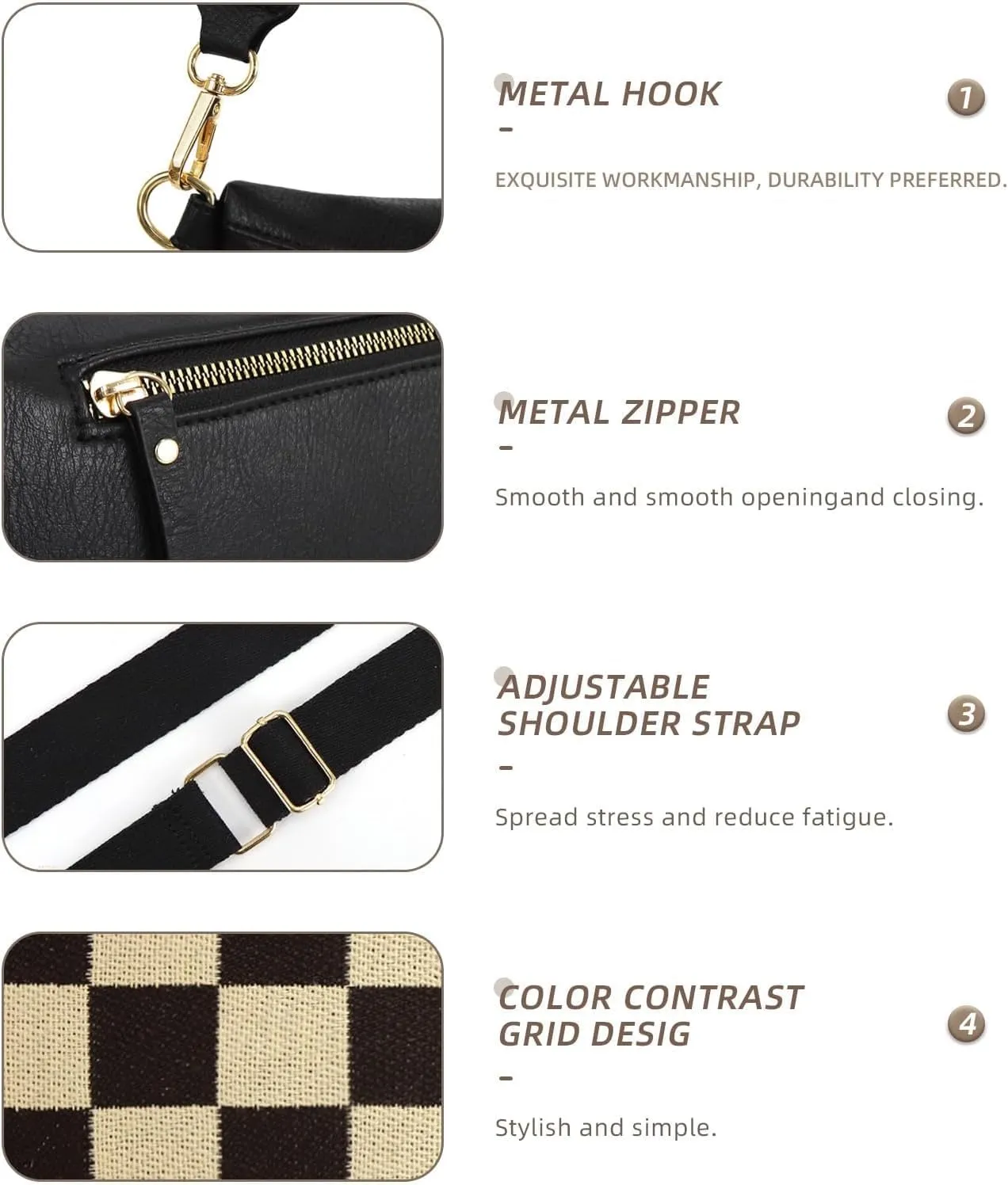 Checkered Crossbody Bag,Checkered Purse for Women Black and White Bum Bag Fanny Packs Belt Bag Sling Bag with Shoulder Strap (1-coffee-b)