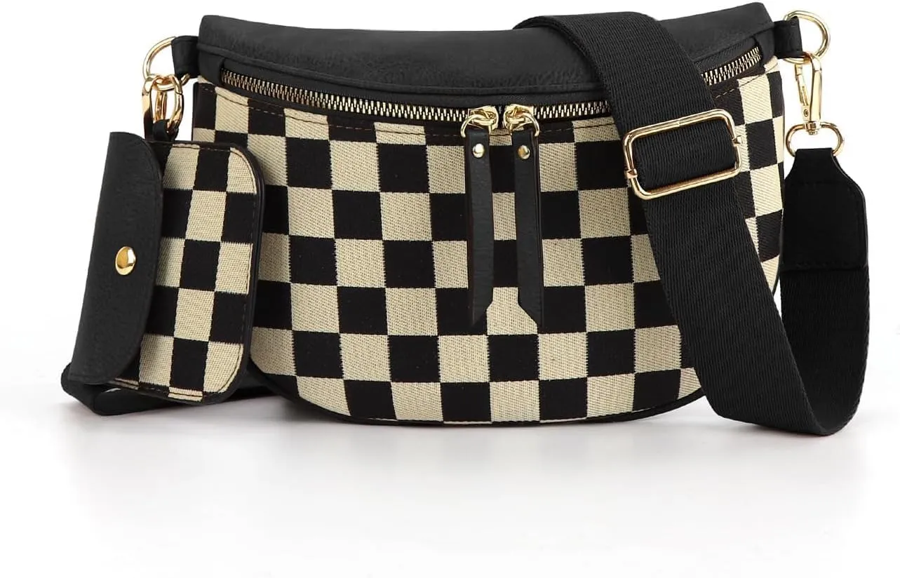 Checkered Crossbody Bag,Checkered Purse for Women Black and White Bum Bag Fanny Packs Belt Bag Sling Bag with Shoulder Strap (1-coffee-b)