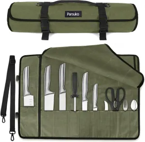 Chef Knife Roll Bag,Waterproof Waxed Canvas Knife Case Holds,Knives Roll Bags for Chefs Professional with Adjustable Strap,Chef Backpack with 10 Knife Slots and a Large Zippered Pocket