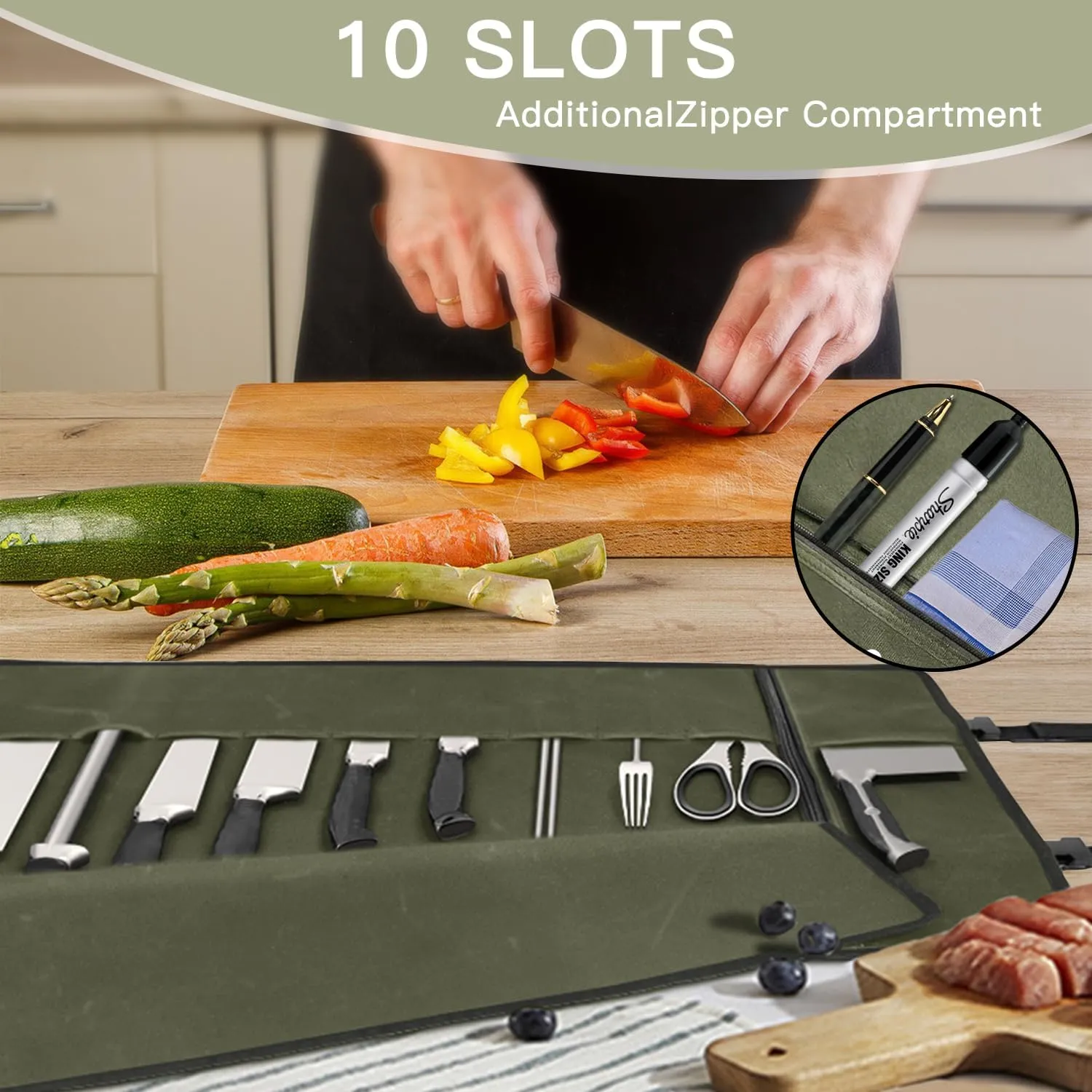 Chef Knife Roll Bag,Waterproof Waxed Canvas Knife Case Holds,Knives Roll Bags for Chefs Professional with Adjustable Strap,Chef Backpack with 10 Knife Slots and a Large Zippered Pocket