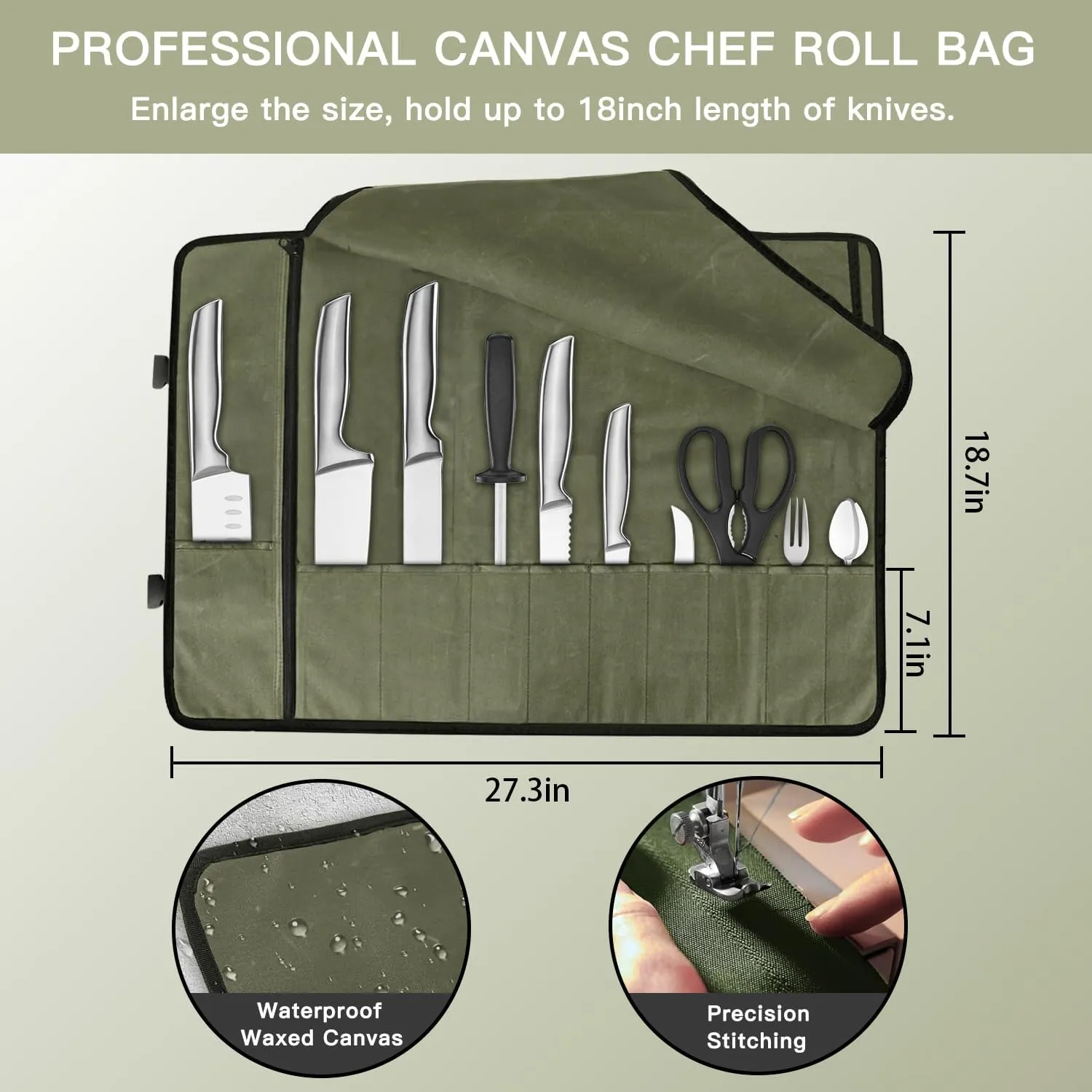 Chef Knife Roll Bag,Waterproof Waxed Canvas Knife Case Holds,Knives Roll Bags for Chefs Professional with Adjustable Strap,Chef Backpack with 10 Knife Slots and a Large Zippered Pocket