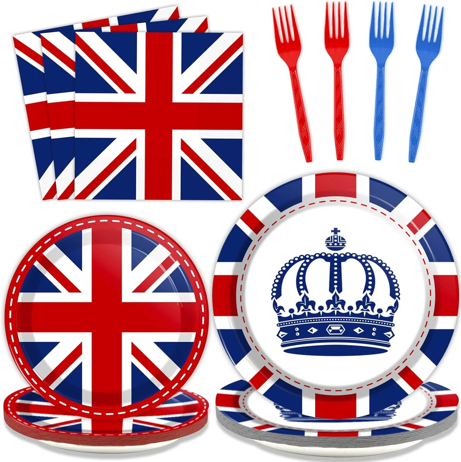 chiazllta 96 Pcs Britain UK England Flag Birthday Party Paper Plate and Napkins British Flag Party Supplies Tableware Union Jack Party Decorations Paper Plate Napkin Fork for Party Favors 24 Guests