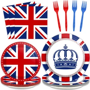 chiazllta 96 Pcs Britain UK England Flag Birthday Party Paper Plate and Napkins British Flag Party Supplies Tableware Union Jack Party Decorations Paper Plate Napkin Fork for Party Favors 24 Guests