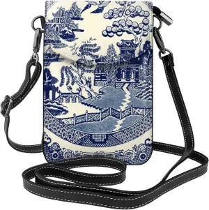 China Blue Willow Women Cell Phone Purse Small Crossbody Bag Leather Shoulder Bag Card Holder Wallet