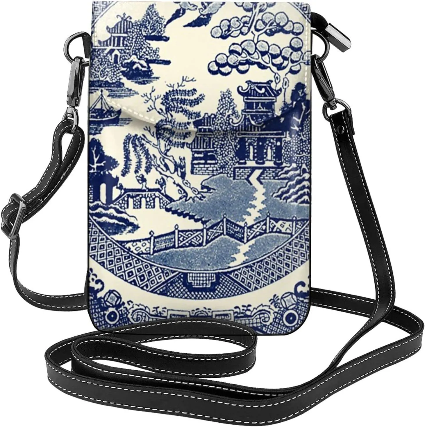 China Blue Willow Women Cell Phone Purse Small Crossbody Bag Leather Shoulder Bag Card Holder Wallet