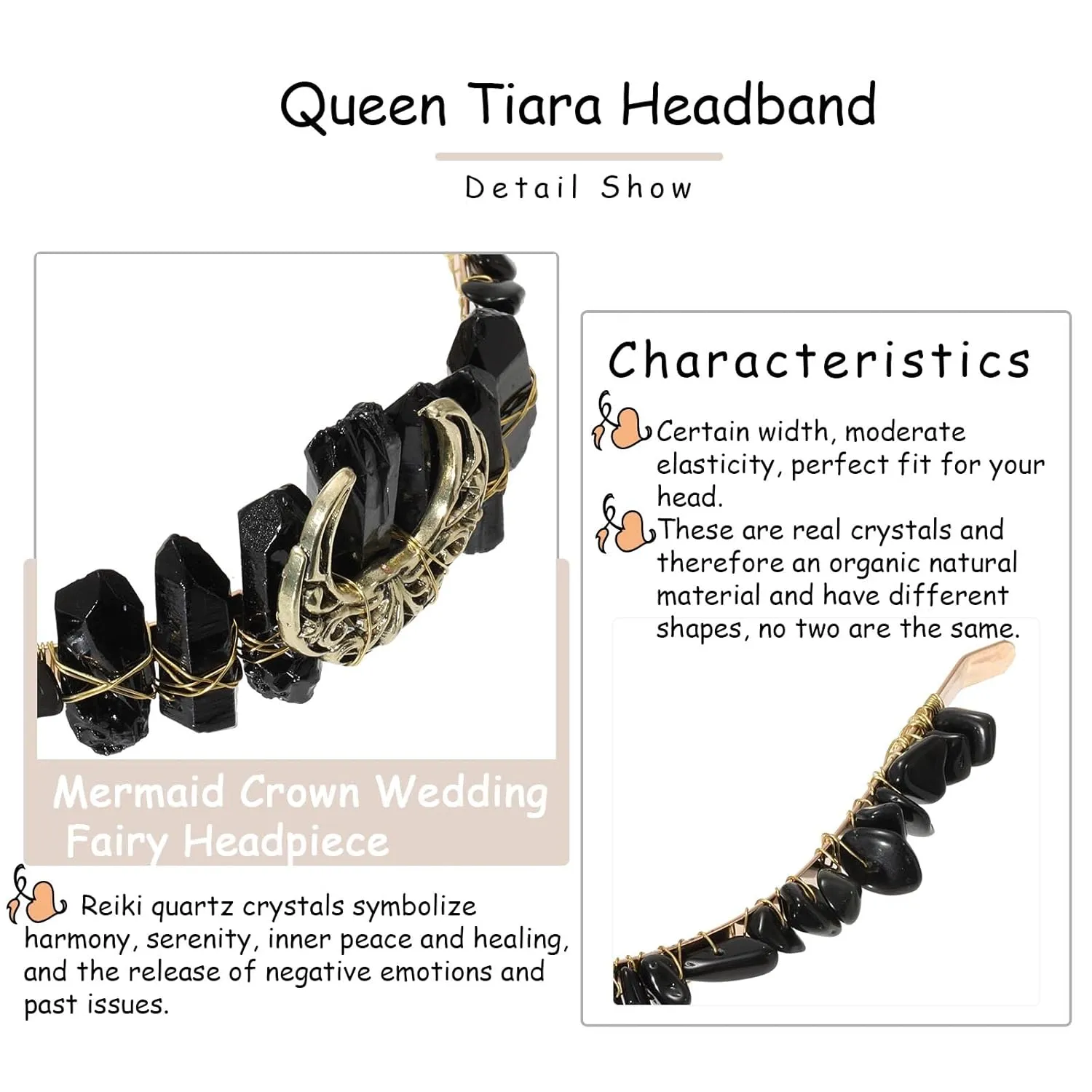 CHLINS Raw Crystal Quartz Tiara Headband - Moon Stars Crystal Boho Tiara Hairband Sun Goddess Crown Wedding Bride Headpiece for Woman(moon (black))