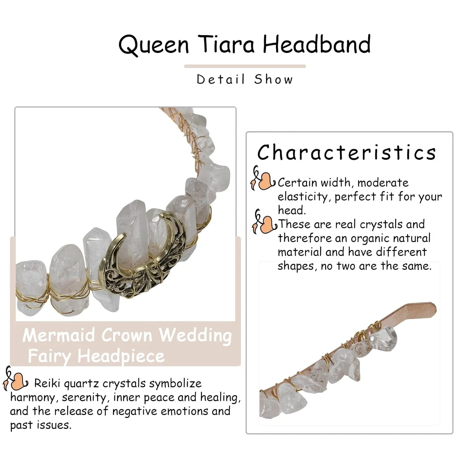 CHLINS Raw Crystal Quartz Tiara Headband - Moon Stars Crystal Boho Tiara Hairband Sun Goddess Crown Wedding Bride Headpiece for Woman(moon (white))