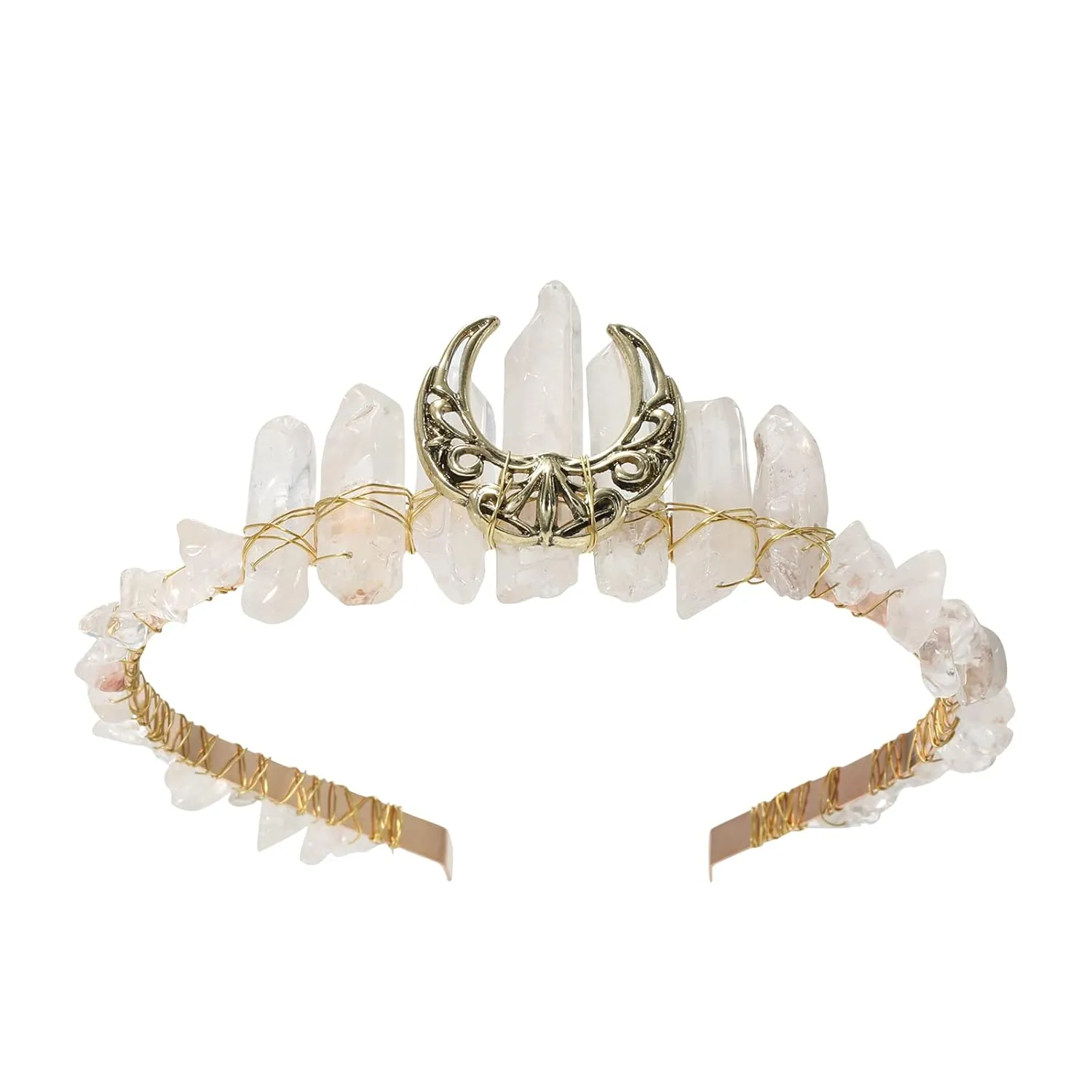 CHLINS Raw Crystal Quartz Tiara Headband - Moon Stars Crystal Boho Tiara Hairband Sun Goddess Crown Wedding Bride Headpiece for Woman(moon (white))