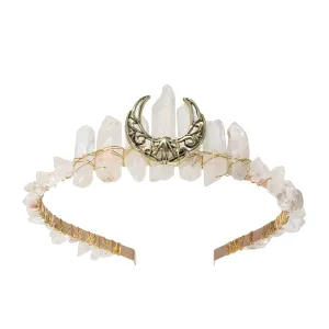 CHLINS Raw Crystal Quartz Tiara Headband - Moon Stars Crystal Boho Tiara Hairband Sun Goddess Crown Wedding Bride Headpiece for Woman(moon (white))
