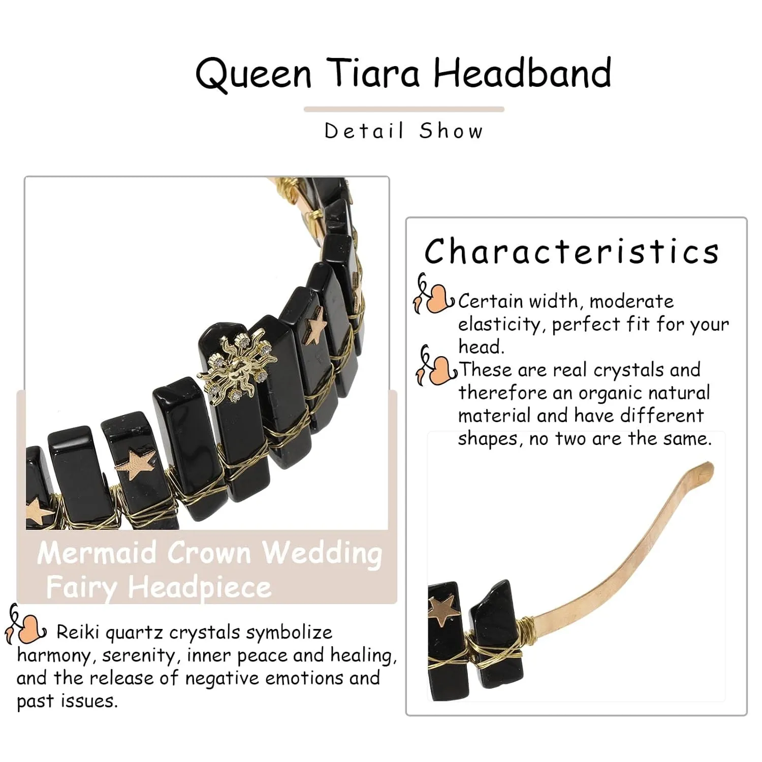 CHLINS Raw Crystal Quartz Tiara Headband - Moon Stars Crystal Boho Tiara Hairband Sun Goddess Crown Wedding Bride Headpiece for Woman(star sun (black))