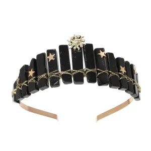 CHLINS Raw Crystal Quartz Tiara Headband - Moon Stars Crystal Boho Tiara Hairband Sun Goddess Crown Wedding Bride Headpiece for Woman(star sun (black))