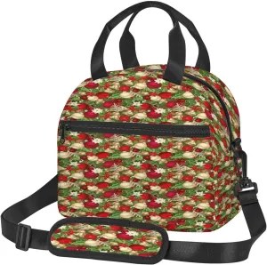 Christmas Theme,Insulated Reusable Lunch Bag with Adjustable Shoulder Strap for Adults,Tree Branches Spruce Leaves Balls Bells,Leakproof Office Picnic Hiking Beach Tote Bag,Red Green,9x5x7.8in