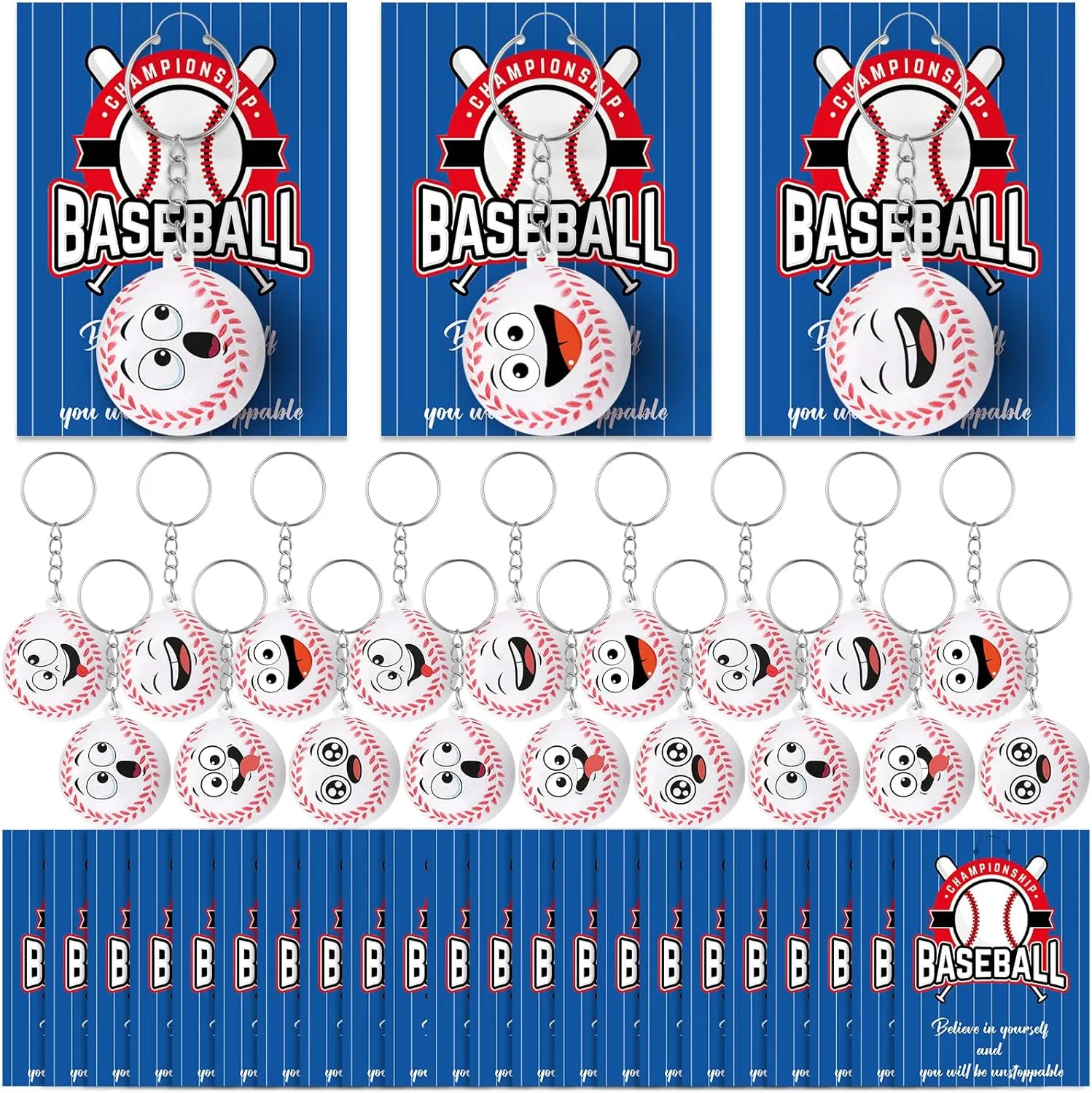 Chunful 30 Set Baseball Stress Balls Keychain with Inspirational Cards Funny Sport Face Keychain Stress Relief Squeeze Baseball Balls Team Gifts for Team Players Party Favor Birthday Gift
