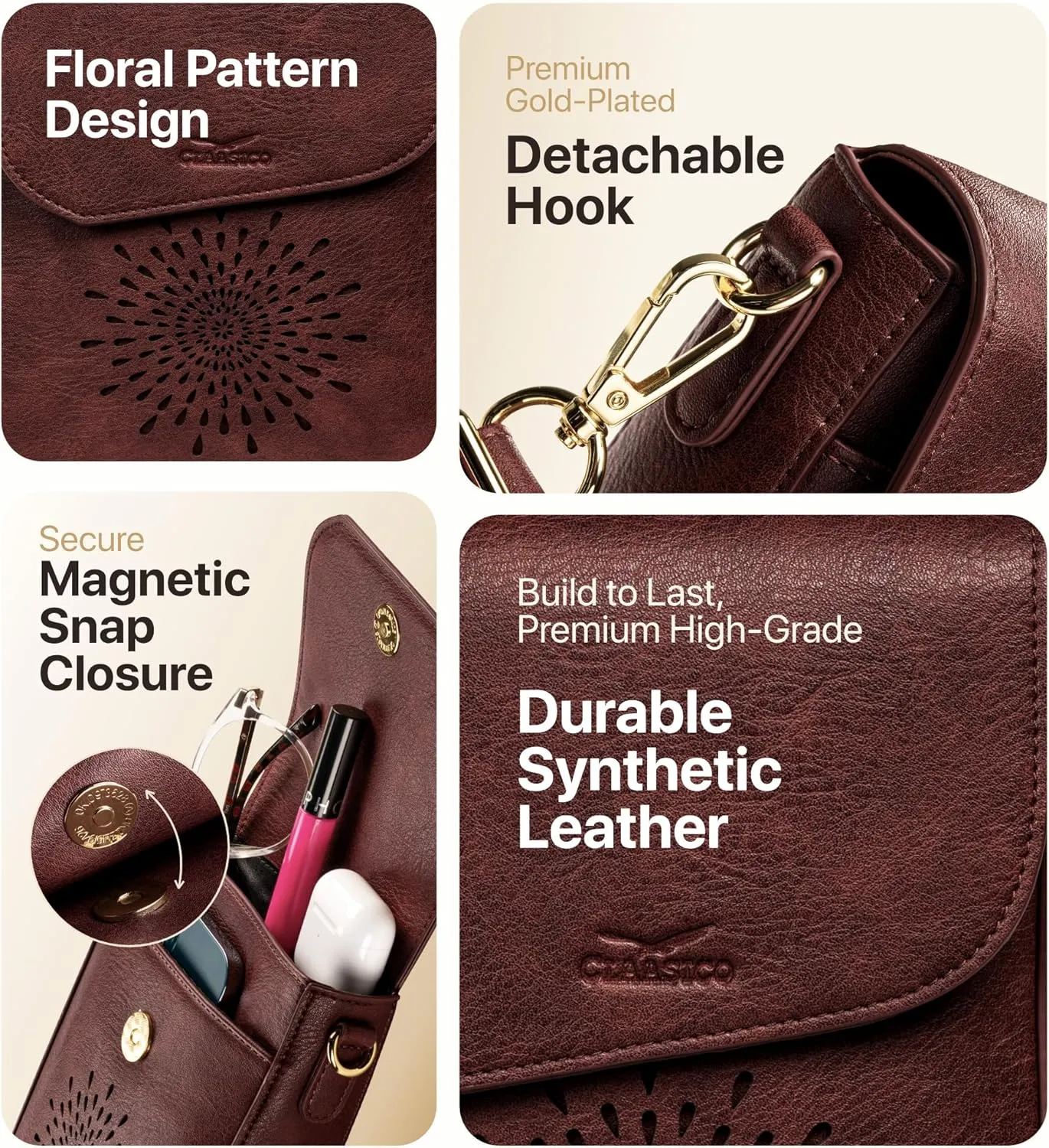 Claasico Crossbody Bag for Women, RFID Phone Purse, Card Slots Coin Pocket w/strap, Phone Holder PU Leather Crossbody Purse